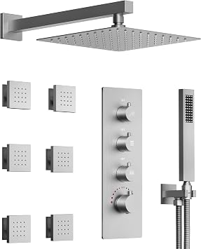 Shower System with Body Jets 12 Inch Rainfall Shower Head with Handheld Sprayer & 6 Massage Body Jets, Wall Mounted Thermostatic Shower Faucet Set for Bathroom, Valve Included Brushed Nickel