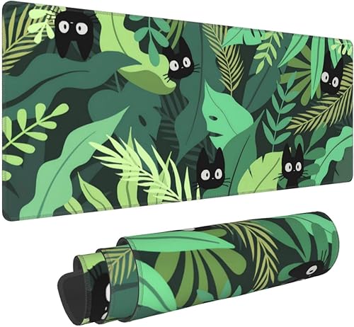 Miniatura 2 de JEPBCMH Alfombrilla de mouse grande con diseño de gato negro, hojas verdes, alfombrilla de escritorio para juegos de anime, base de goma