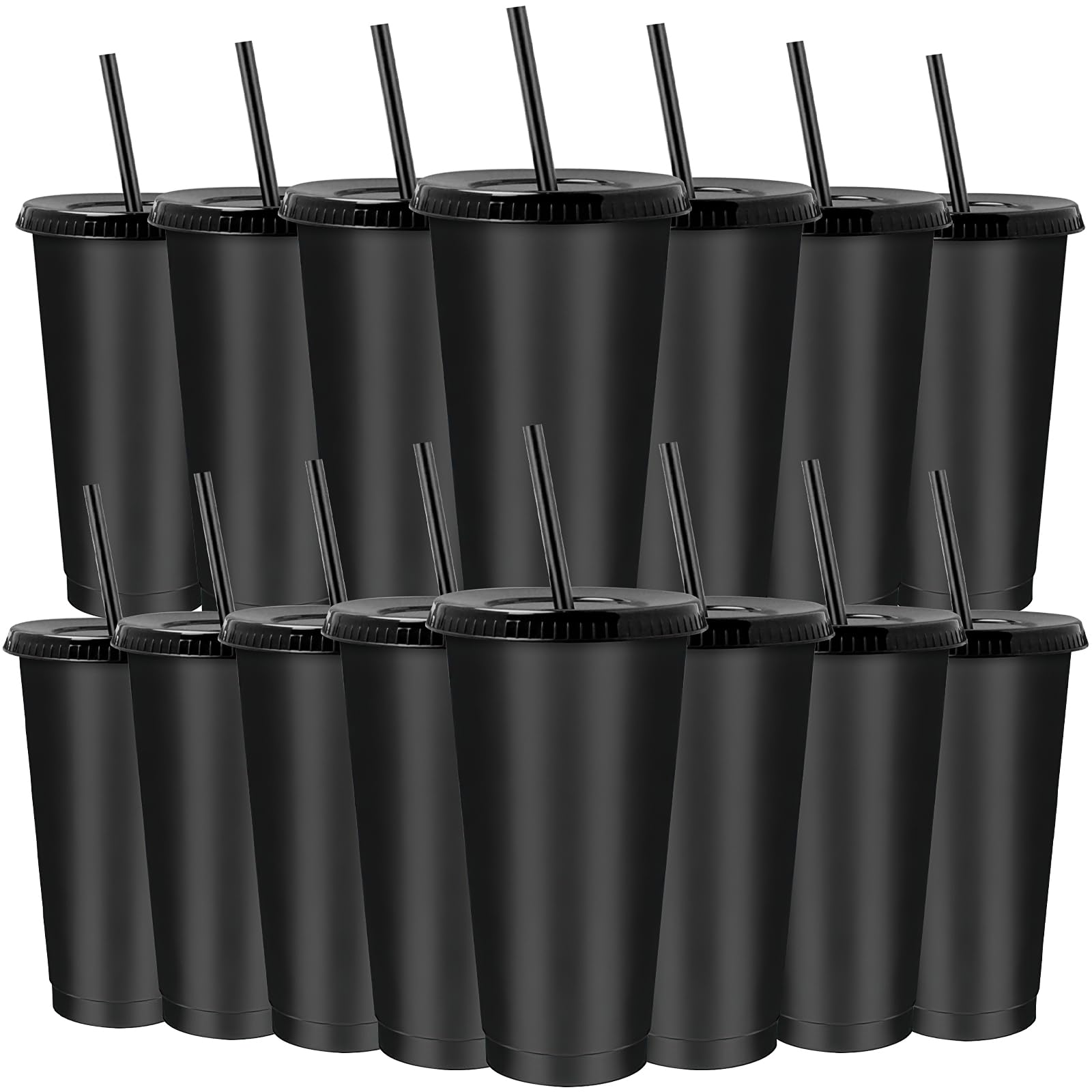 Xaztr 15 Pcs Plastic Tumbler with Reusable Straw and Lid, 24 oz Reusable Iced Coffee Cups Travel Party Cups for Smoothie Juices Coffee Cold and Hot Drinks, Black