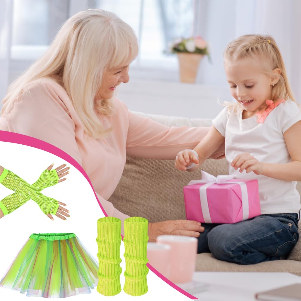 80s Fancy Dress for Kids Rockstar Costume 80s Outfits Kids Neon Tutu Set Girls Leg Warmers Fishnets Gloves and Fancy Dress Tutu for 1980s Theme Party Disco Party Costume Carnival Gathering (Green) - Image 4