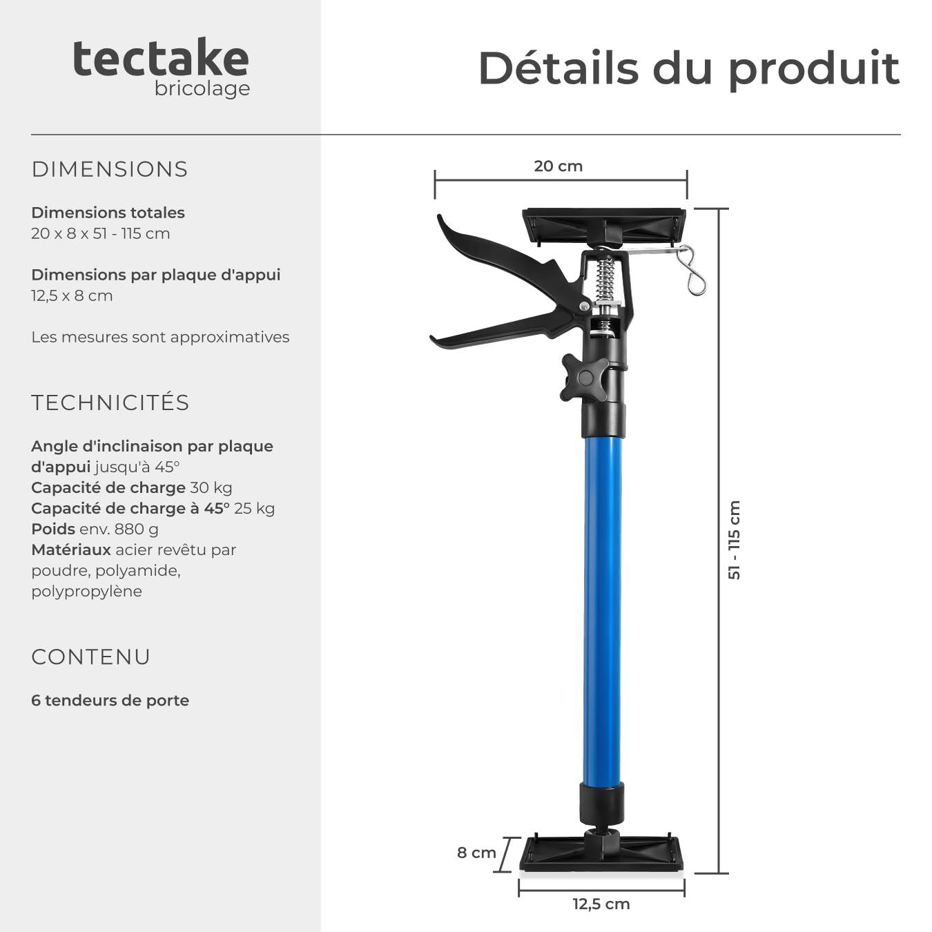 tectake® Lot de 6 Etais telescopique, Etai telescopique Soutien de porte, réglable en hauteur de 51 à 115 cm, Charge max. 30kg par Etai de soutien, Fixation rapide, Bricolage, Construction, Bleu