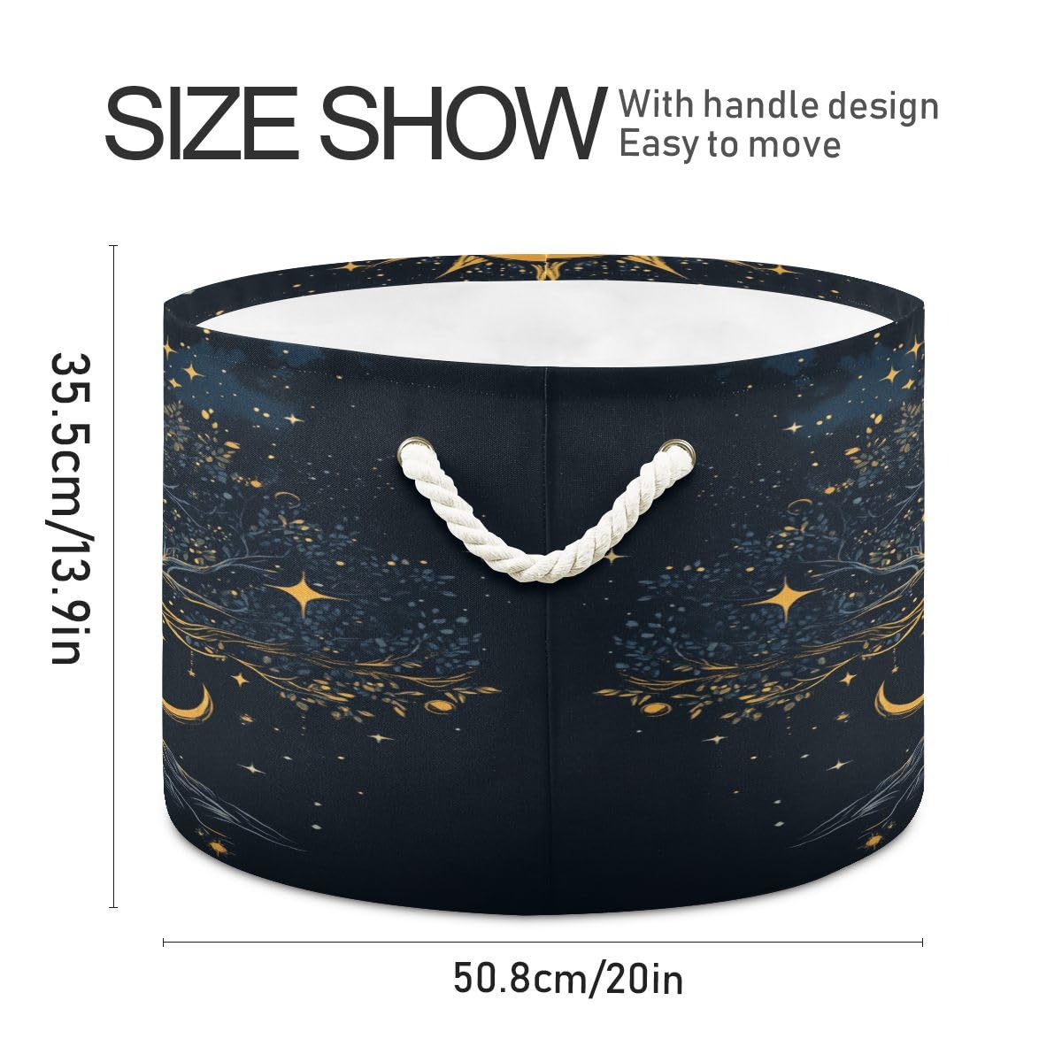 Round Storage Basket Tree Of Life with Sun Moon Stars Open Home Storage Bin 20 * 13.9in