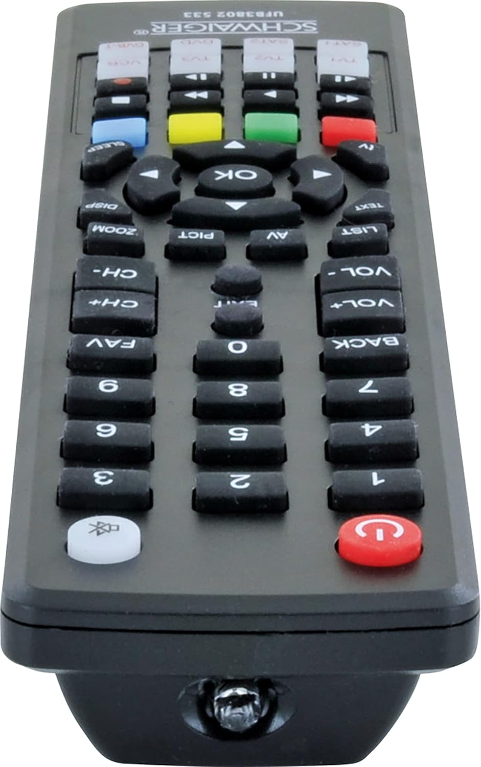 Bund view af SCHWAIGER UFB3802 533-8 universalfjernbetjeningen, der viser IR-sender