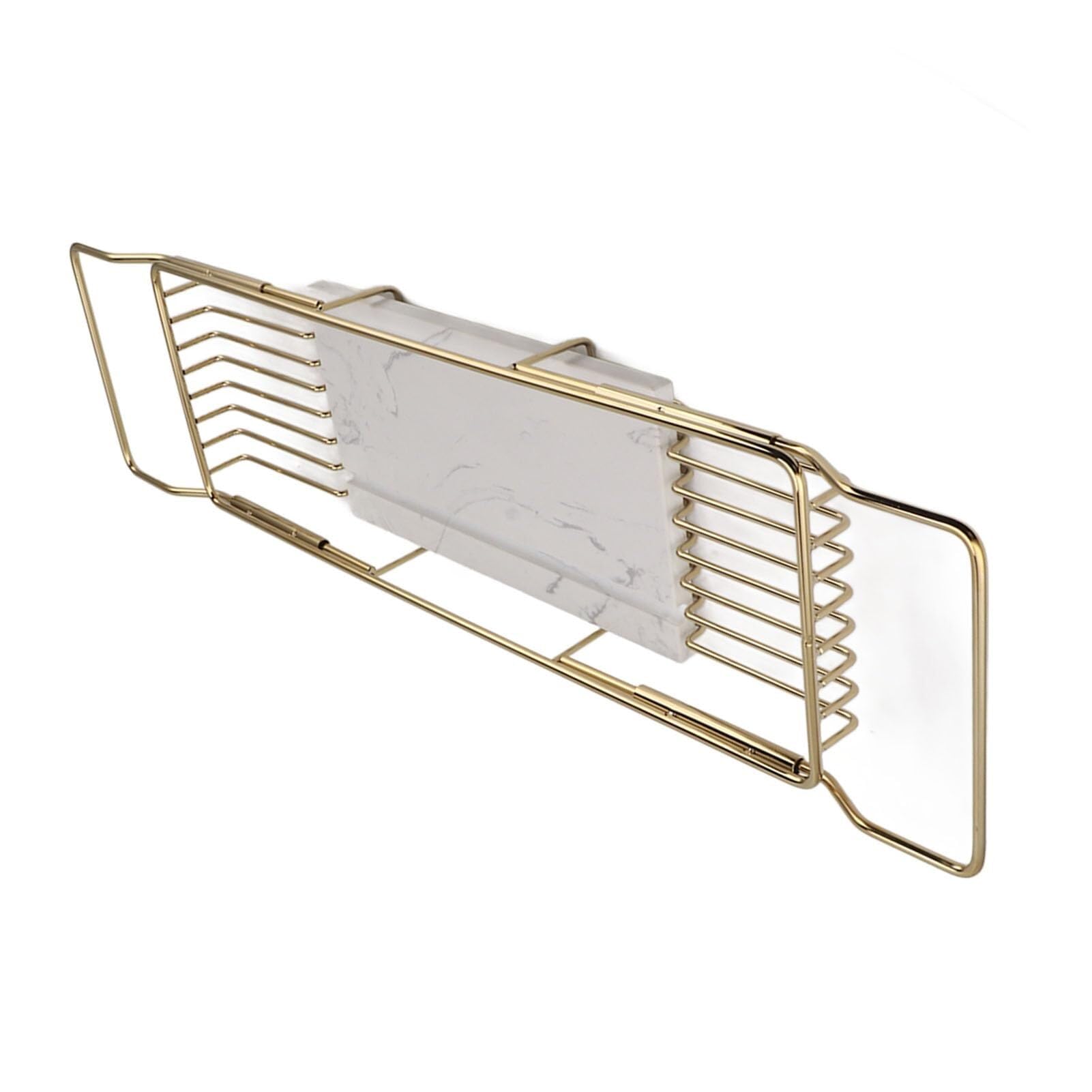 Estante para bañera – Bandeja de mesa para lavabo para champú y artículos esenciales – Almacenamiento de baño de alambre ajustable, color dorado y blanco