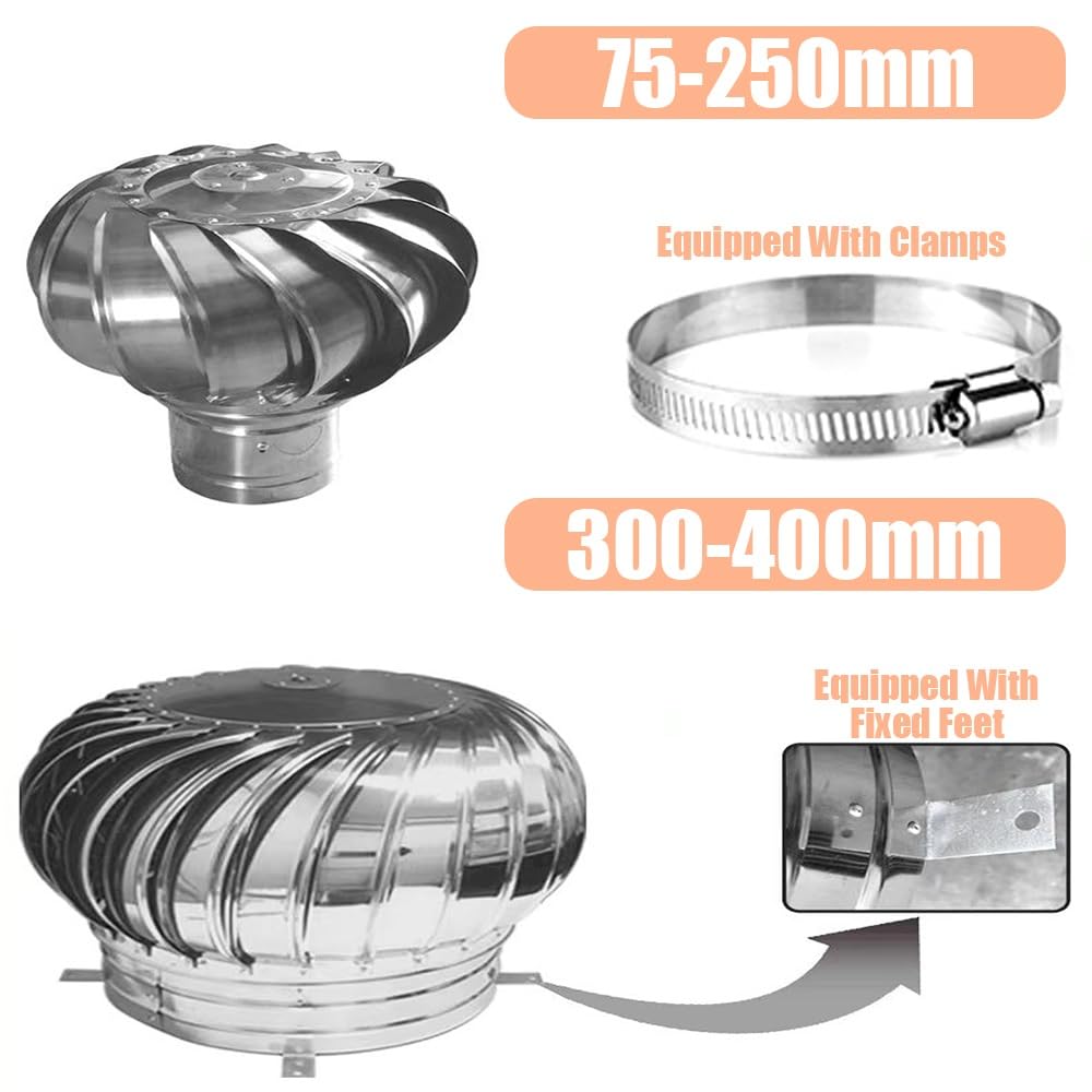 Sombrero Chimenea Giratorio de Acero Inoxidable 75 250 400mm Capa de Techo Antiviento para Estufa Chimenea Extracción de Humos(400mm/15.74in)