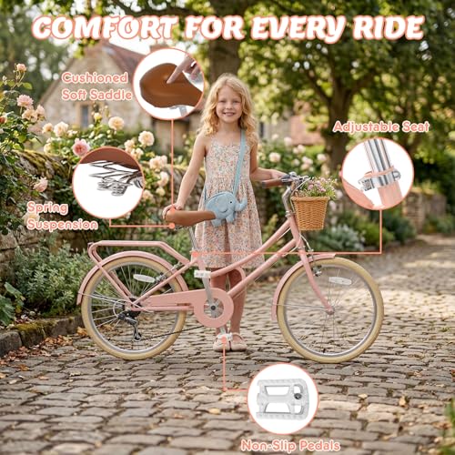 Image of XJD 20 24 26 Inch Girls Bike, 7-Speed Beach Cruiser Bike for Girls Youth and Over 6 Years Old, Kids Bicycles with Dual V-Brakes Rear Rack & Wicker Basket
