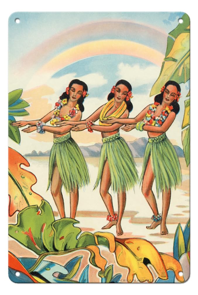 Pacifica Island Art Aloha Nui Loa from Hawaii - Hula Girls - Vintage Hawaiian Airbrush Art by Ted Mundorff c.1930s - Hawaiian Fine Art Print 8 x 12 in Tin Sign Multi MTSA1210