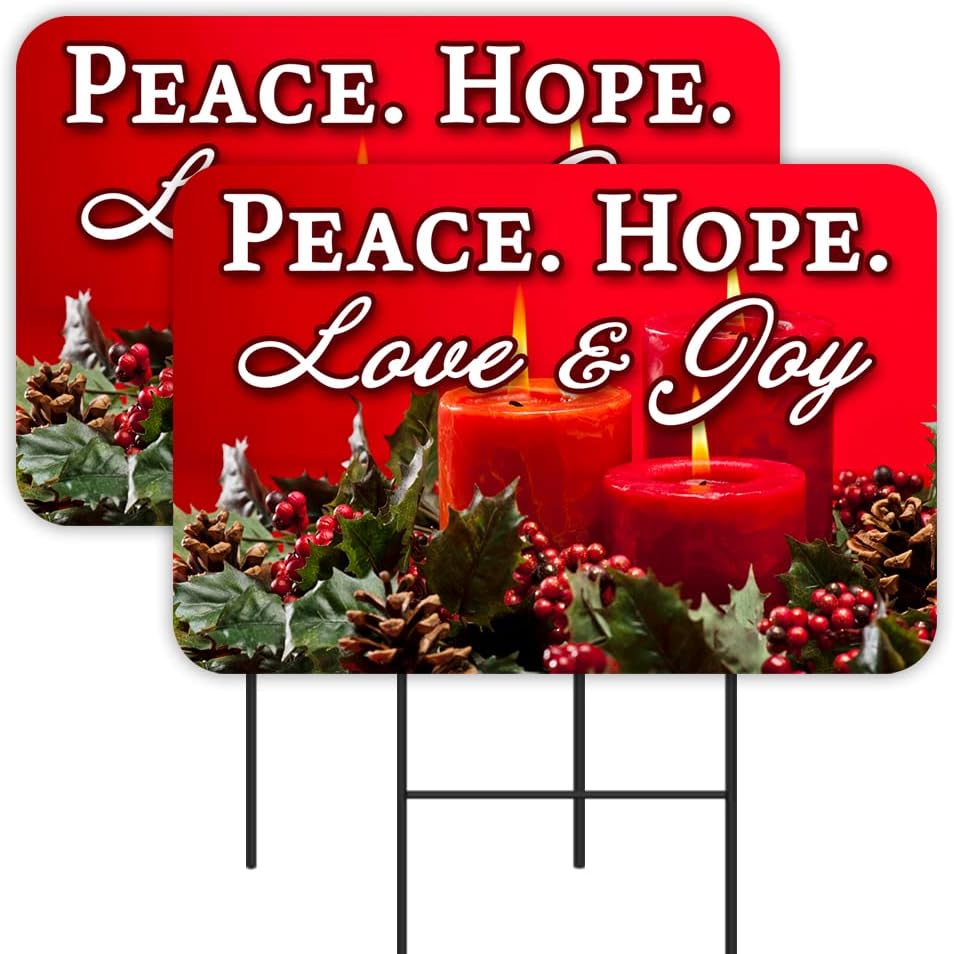 Peace Hope Love Joy - Advent 2 Pack Double-Sided Yard Signs 16" x 24" with Metal Stakes (Made in the USA)