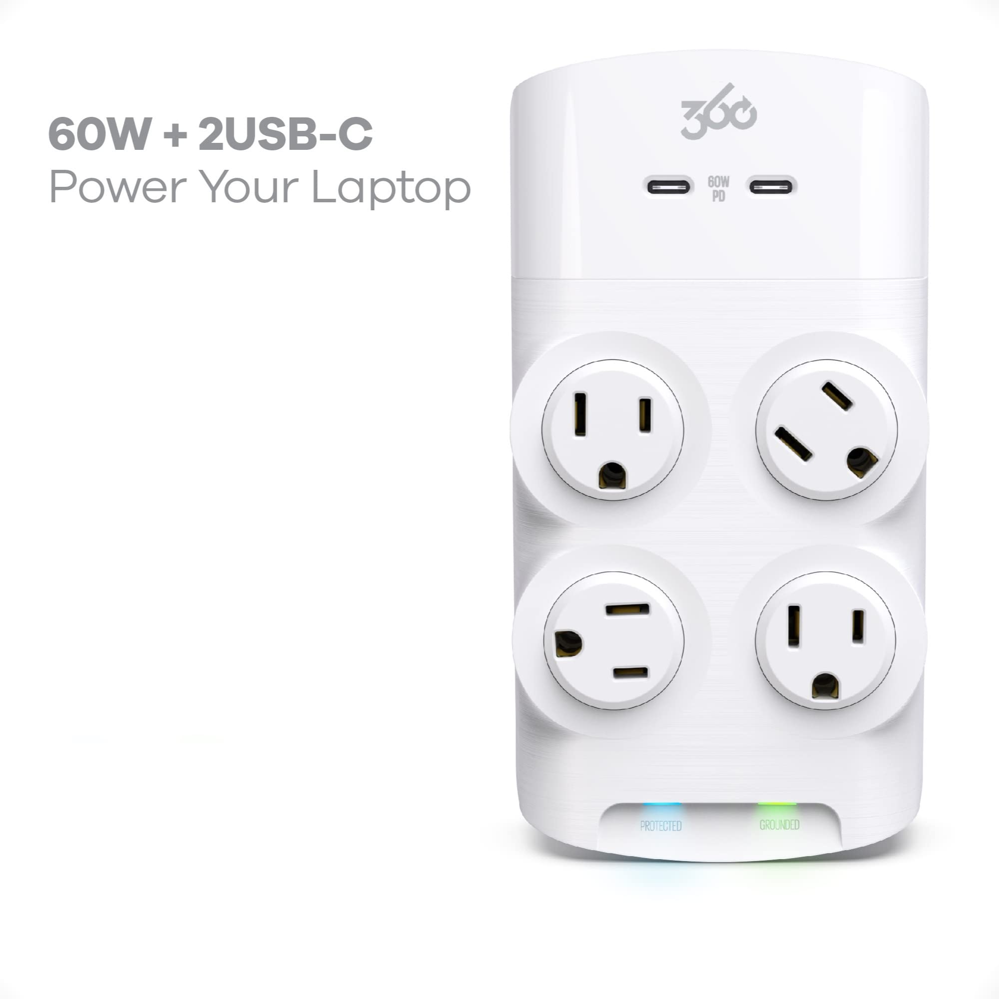 360 Electrical Revolve 60 Watt USB-C Wall Tap Power Surge Protector with 2 USB C Ports, 4 Rotating Outlets, Multi Plug Outlet Splitter, Electric Wall Outlet Adapter, Swivel Outlets Fit 4 Large Plugs