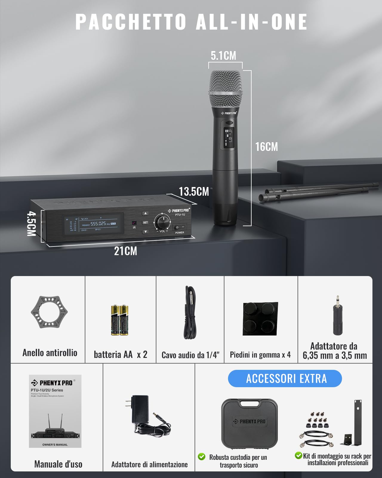 Phenyx Pro Sistema Microfono Wireless UHF monocanale PTU-1U-1H | True Diversity, Auto Scan, 1000 canali regolabili, portata 328 ft, sync IR, microfono dinamico, voce live
