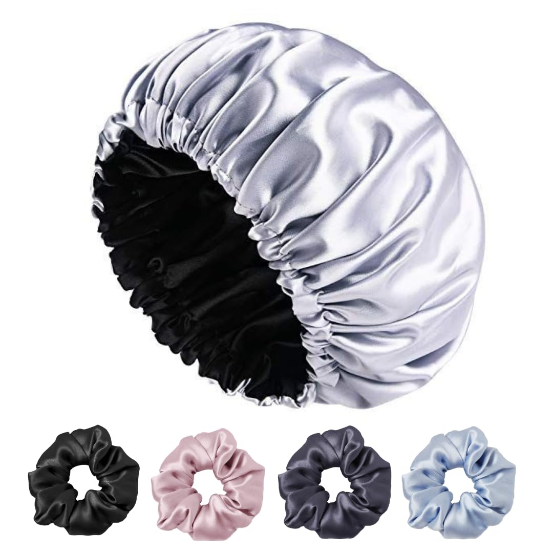 Attune Satin Silk Bonnet for Hair with 4 Satin Scrunchies, for All Hair Type, Reversible Silk Hair Cap for Sleeping, Adjustable Satin Hair Bonnet, Satin Hair Wrap (Grey)