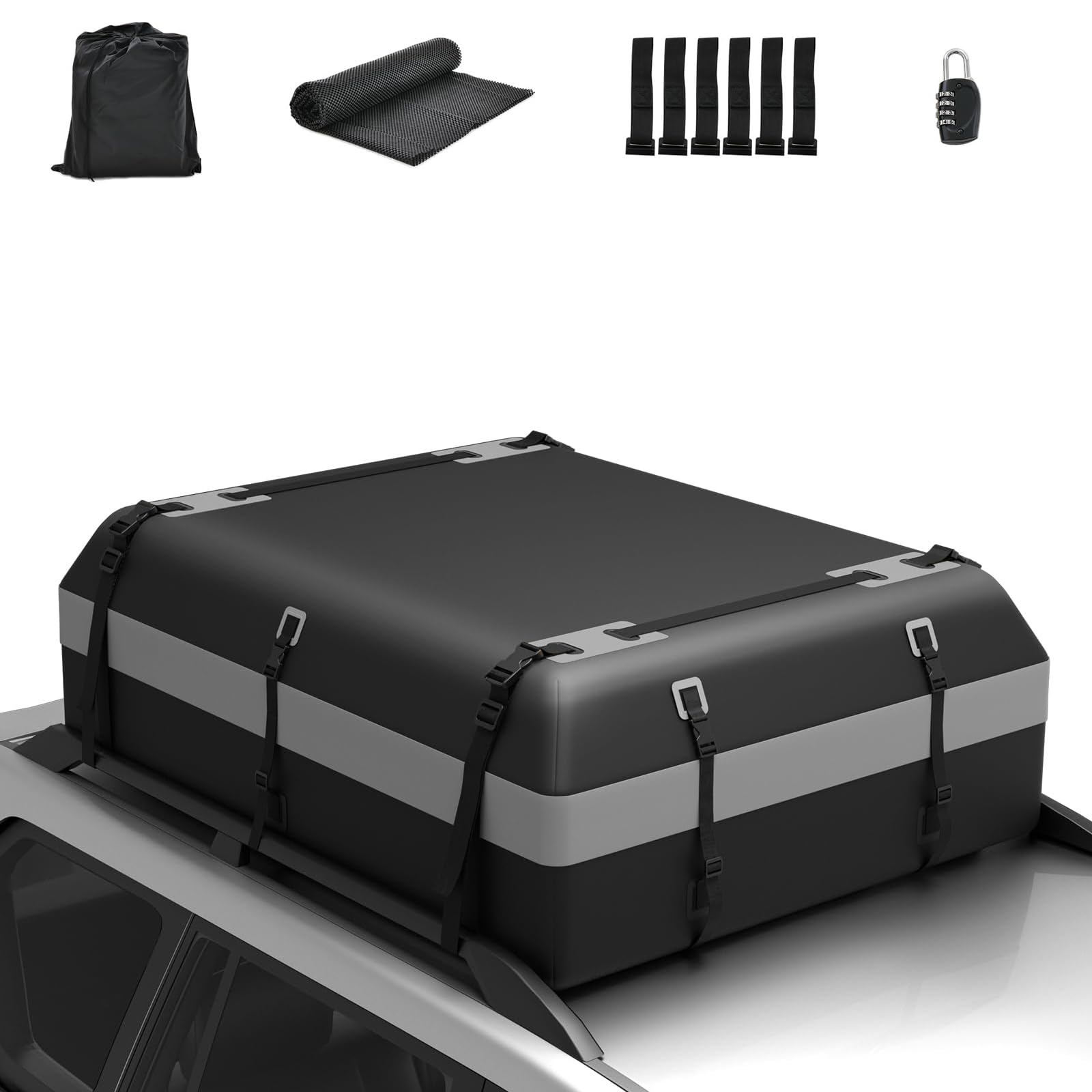 COSTWAY 600L Dachbox für Auto, 600L Dachkoffer wasserdicht mit 6 Türhaken, Zahlenschloss, Rutschfester Matte & Tragetasche, Faltbare Dachtasche Gepäckbox für Autos, Vans, SUVs (Grau)