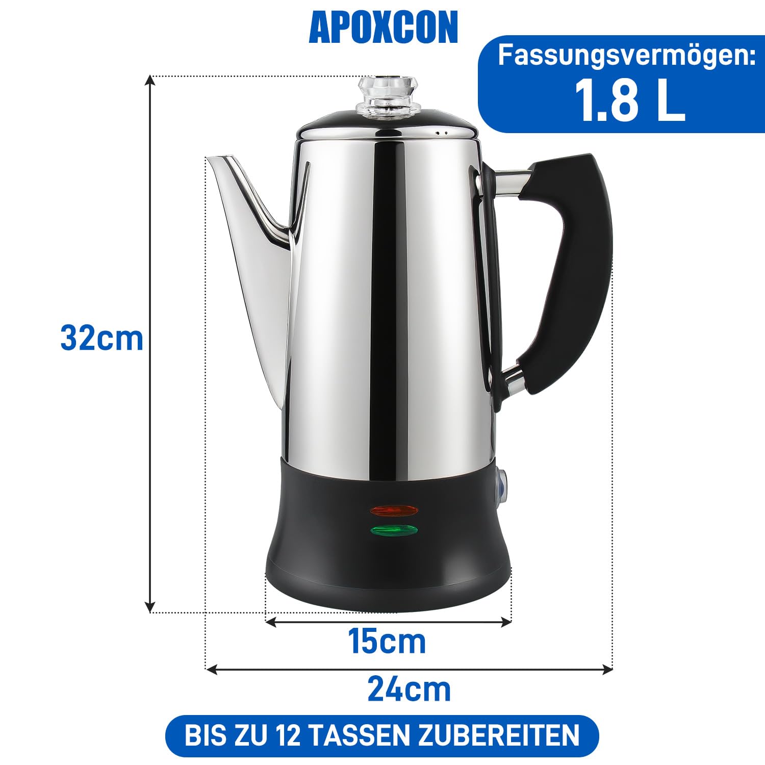 APOXCON Percolateur électrique 12 tasses – Certifié CE, classique avec système d'infusion rapide, bouton en verre résistant à la chaleur et fonction de service sans fil