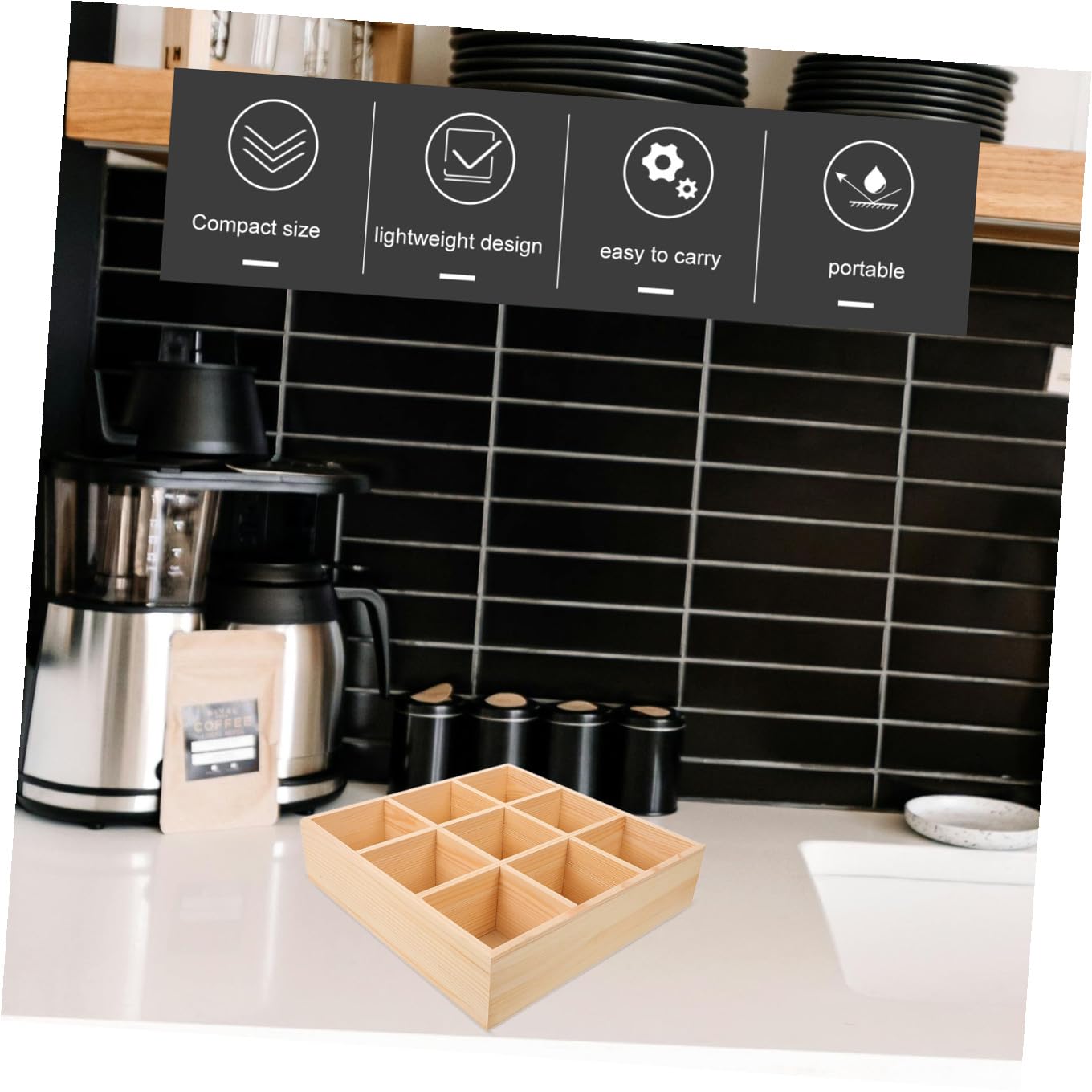 jojofuny Teebox aus Holz mit 9 Fächern Teebeutelhalter und Zuckerpäckchen Aufbewahrungsbox Multifunktionaler Küchenorganizer für Kaffee und Snacks