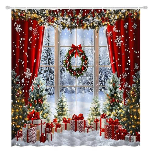 ZQANZQ Christmas Shower Curtain Winter Forest Xmas Tree Pine Snowflake Red Rustic Farmhouse Snow Scene New Year Holiday Bathroom Decor Curtains Set with Hooks