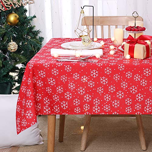 Deconovo Mantel Navidad con Motivos Copo de Nieve Rectangular 140 x 200 cm Rojo
