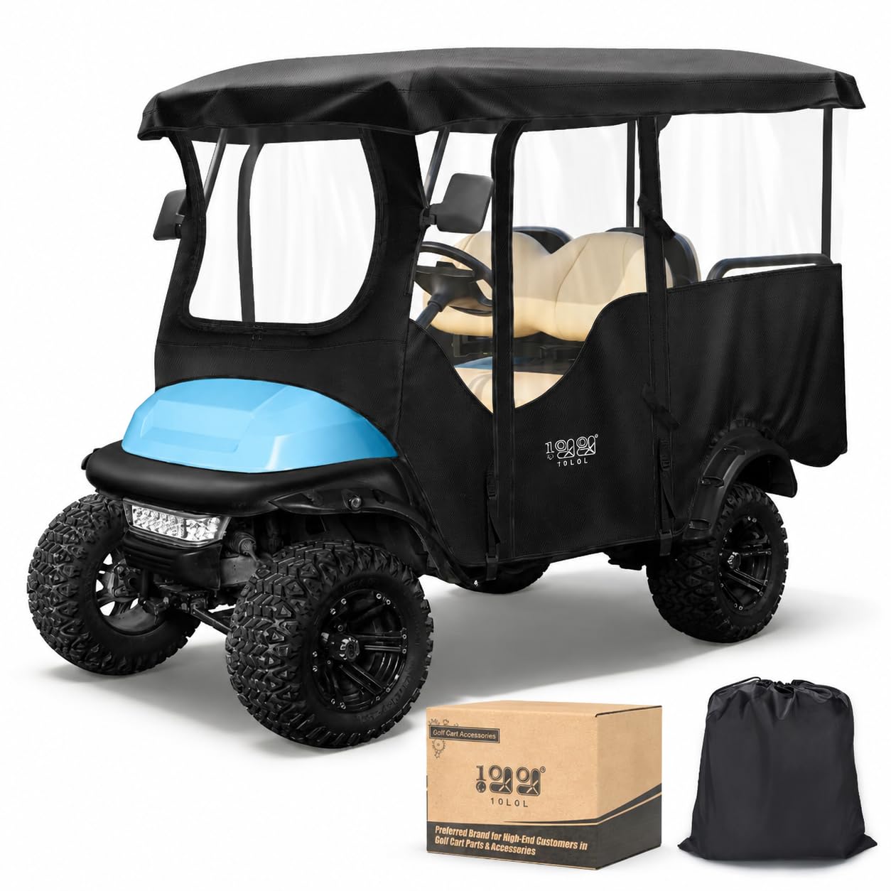10L0L Funfa Buggy Golf para 4 pasajeros Club Car Precedente 240cm Techo extendido, 600D Cubierta Impermeable de Alta Resistencia con 4 Puertas Aberturas de PVC Transparente para Espejos Laterales