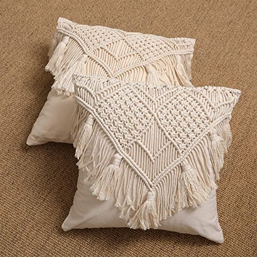 Kaahira Handmade Cotton Macrame Cushion Pillow Cover Boho Home Decor Abstract Pattern 16 x 16 Inch in Off White Color - 1 Pcs (16 x 16) in-250 TC 9 61kVZIEQlaL