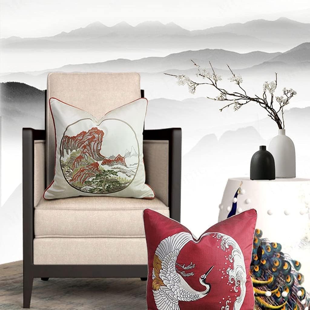 Retro Small Fresh Style Mahogany Sofa Pillow core Landscape Pattern Embroidery Pillow Cover backrest Pillow (Style C) (Style a)