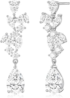 EAMTI Silver Dangle Earrings for Women Cubic Zirconia 925 Sterling Silver Post Engagement Wedding Birdal Drop Earrings for Brides