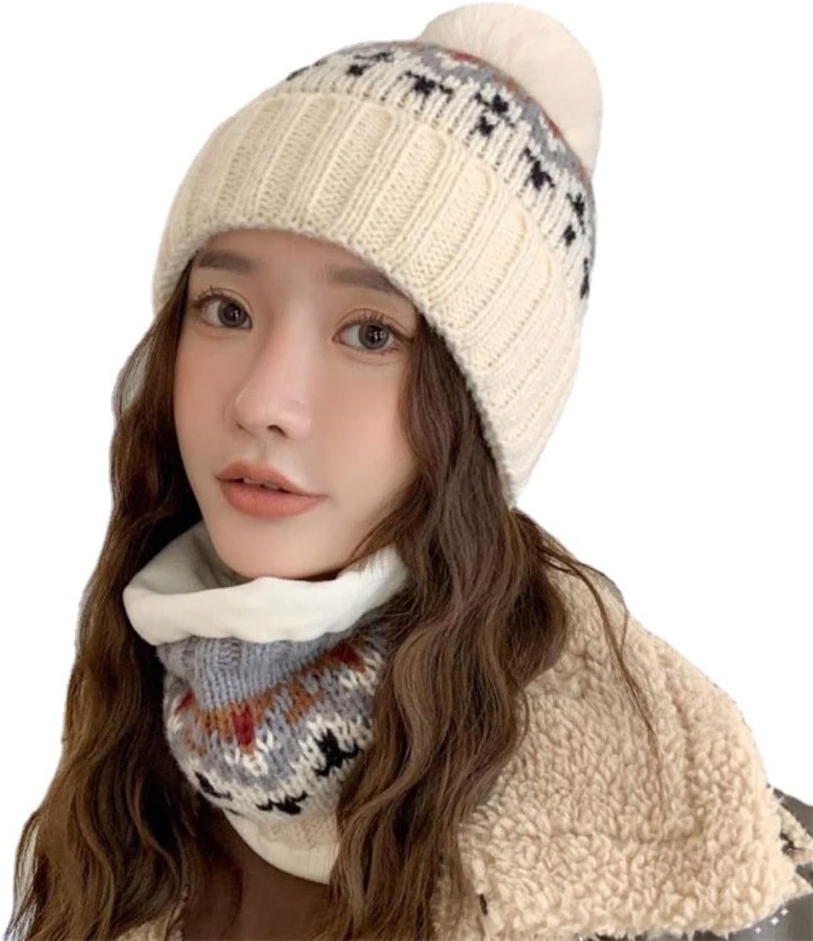 [MangjiaoBH] あったか ニット帽 ポンポン付き 帽子 ネックウォーマー 2点セット レディース 編み ビーニー ニットキ