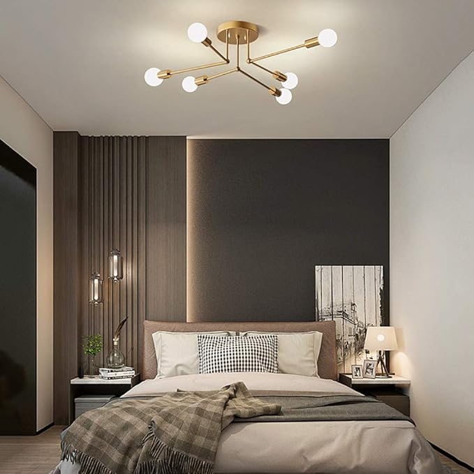 NSXBY E27 Industriële Stijl Ijzer Eenvoudige Plafondlamp, Glas Lampenkap 2 Kleuren Woonkamer Slaapkamer Eetkamer Lampen, Art LED Plafond Lamp-Gouden. 6 hoofd photo 3