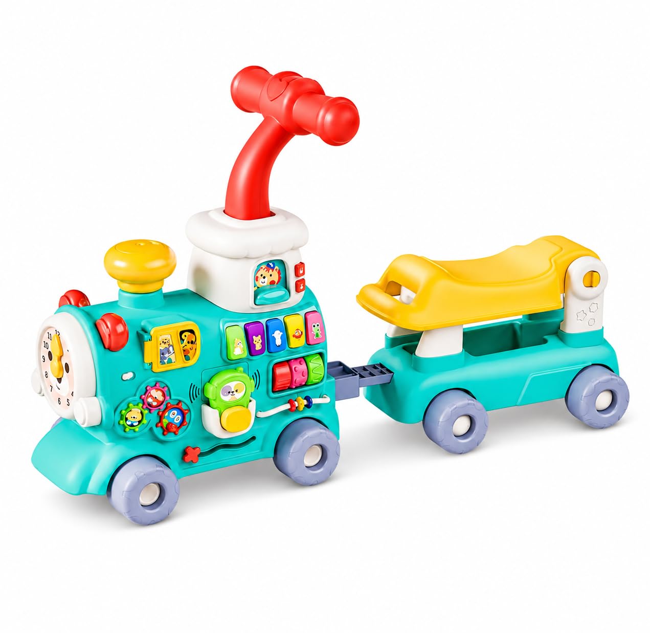 5-in-1 Multi-Functional Baby Walker Train Push Walker Activity Center with Detachable Ride-On Wagon, Interactive Educational Toy for Babies & Toddlers, Green-image-22
