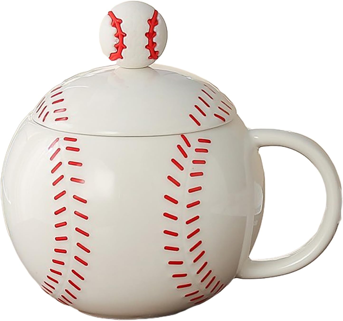 Baseball Shape Coffee Mug with Lid C-Shaped Handle Ceramic Mug 420ml Water Drinking Cup for Coffee Tea Drinks Home Kitchen Outdoor Use (Red)