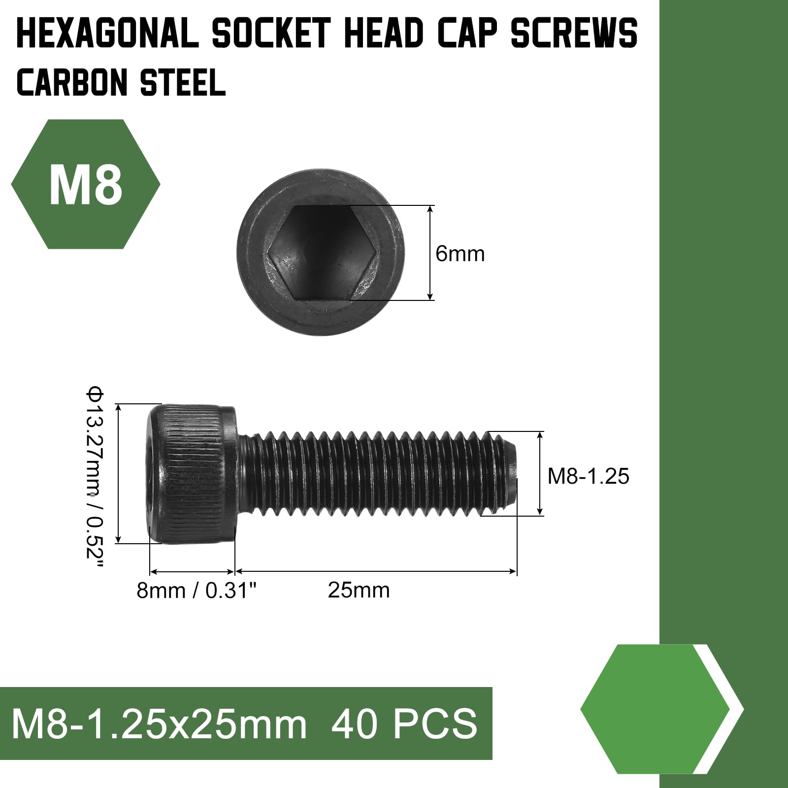 uxcell Hex Socket Bolts (M8-1.25x25), Grade 12.9 Carbon Steel Hex Socket Drive Screws, Black, 40 Pcs, M8-1.25x25mm - Image 2