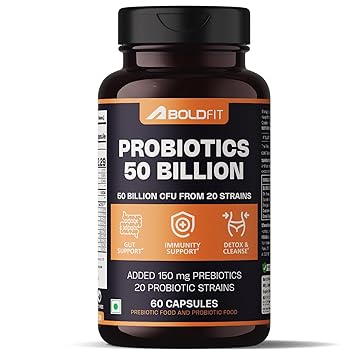 Boldfit Probiotics Supplement 50 Billion CFU For Men & Women with 20 Strains & Prebiotics - Gut Support, Digestion, Immunity Support, Detox & Cleanse - 60 Vegetarian Capsules, White - image, photos