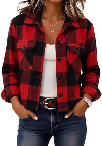 Vividcrate Women's Plaid Bomber Jacket Women Jacket Trendy Long Sleeve Button Do