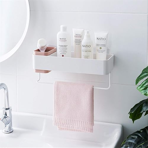 MORNITE Organizador adhesivo de pared de baño, organizador de ducha de baño, estantes colgantes, soporte para champú sin perforación, color rosa