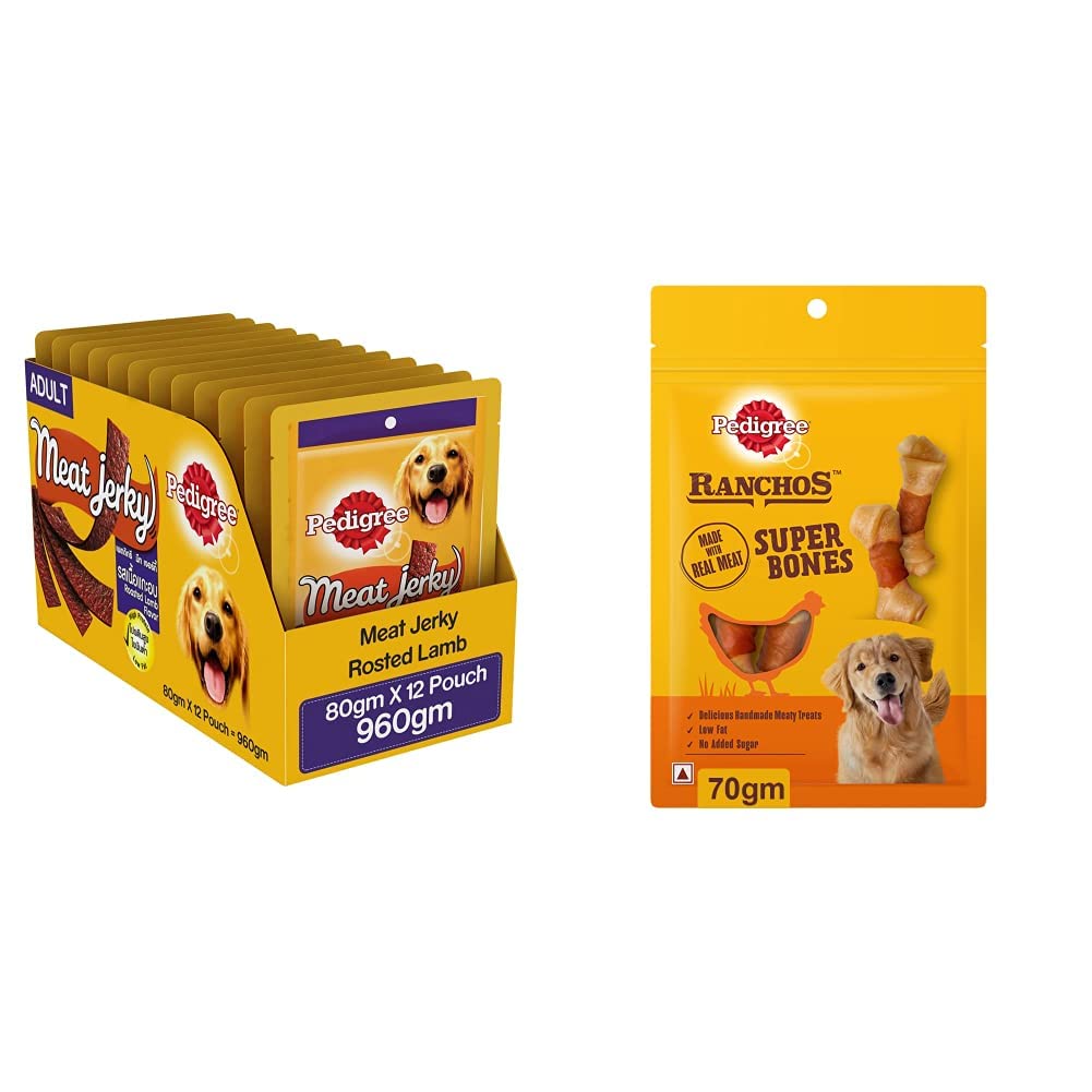 Pedigree Meat Jerky Treats for Adult Dogs, Roasted Lamb Flavour, 12 Pouches (12 x 80g)&Pedigree RANCHOS Super Bones Treats for Dog, Chicken & Milk Flavour, 70g (B0BP5DSYMT) Amazon Price History, Amazon Price Tracker