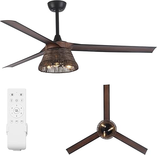 Parrot Uncle Ventiladores de techo con luces y control remoto, ventilador de techo negro de 60 pulgadas con luz, ventiladores de techo grandes para