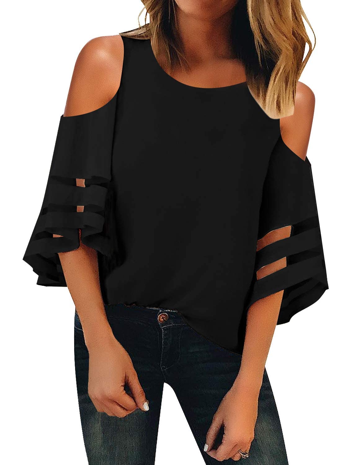 LookbookStore Women's Cold Shoulder Loose Shirt Tops 3/4 Bell Mesh Sleeve Blouse