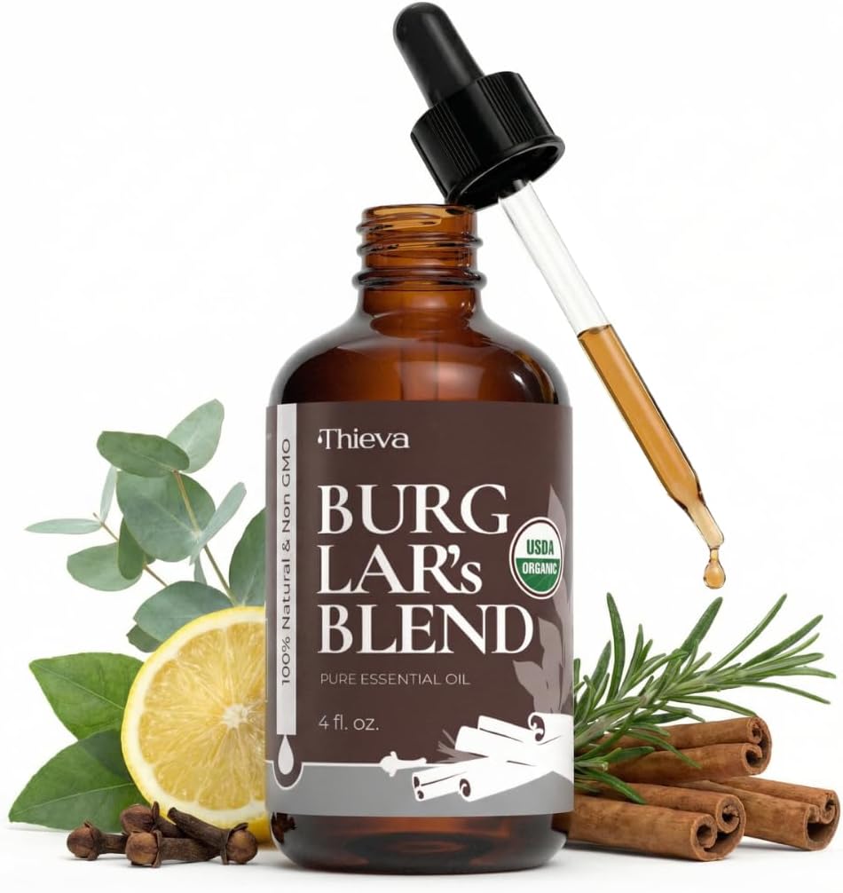 THIEVA Burglar’s Blend Essential Oil 4 oz – USDA Organic Pure Oil Blend for DIY Household Cleaning Seasonal Home Wellness and Diffuser Aromatherapy
