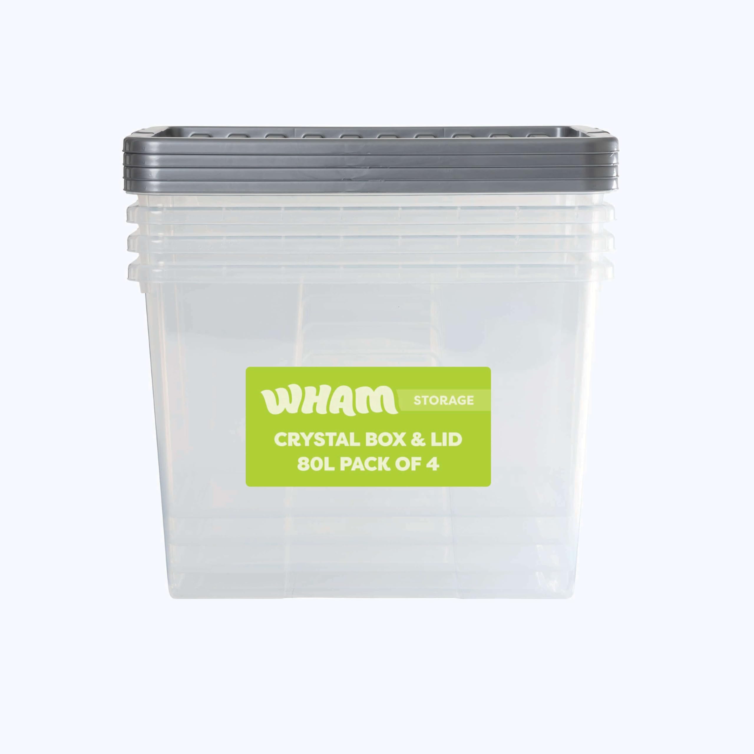 Wham Crystal 80L Stackable Plastic Storage Clear Boxes with Stronger Colour Lids | Ideal for Home, Office, Toys & More | Large Boxes (Pack 4, Silver Lid)