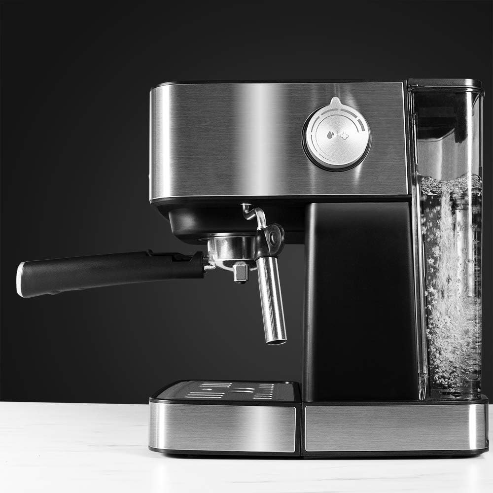 Side view of Cecotec Power Espresso 20 showing the transparent water tank