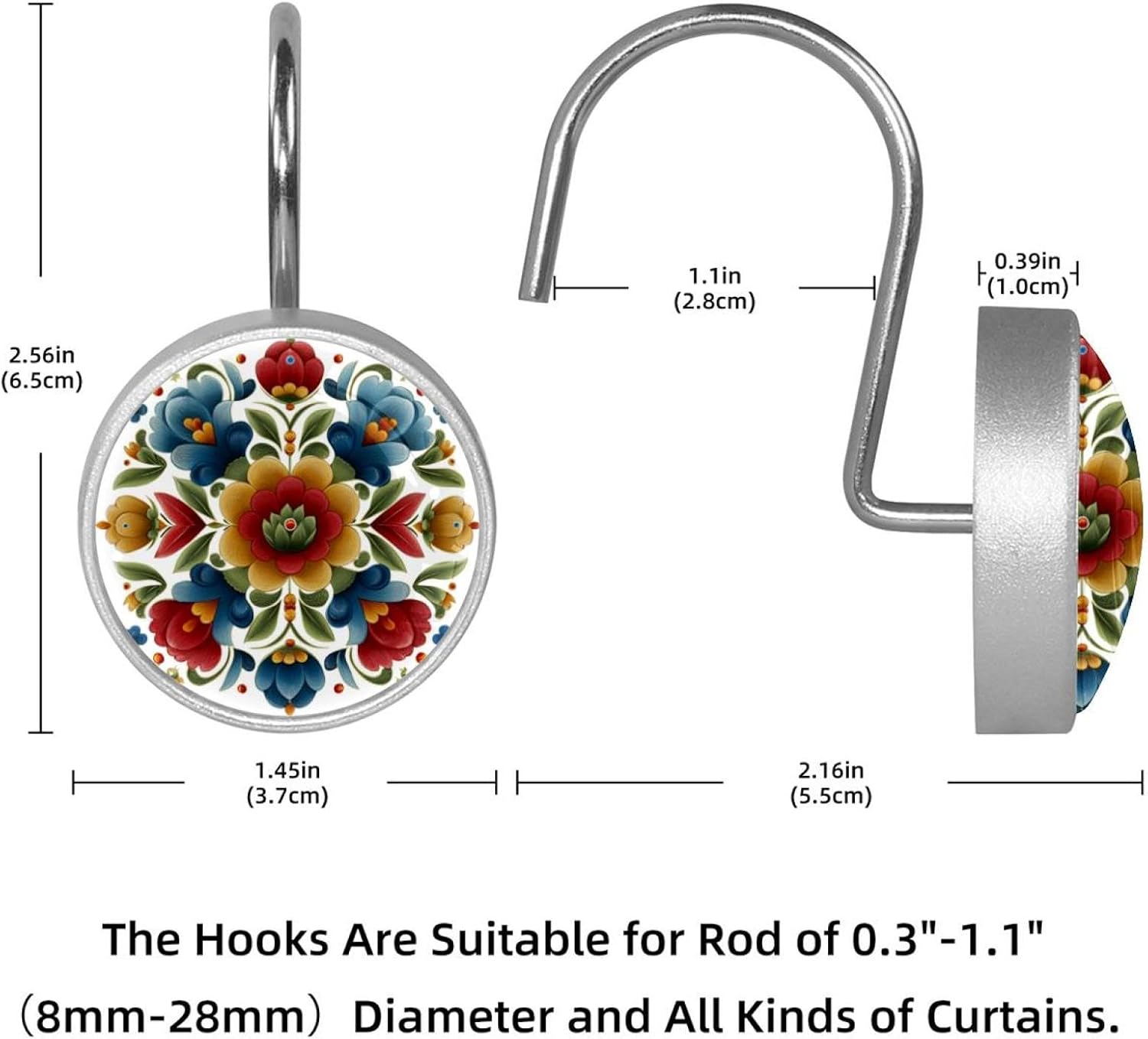 Norwegian Rosemaling Folk Style Flower (31) Shower Curtain Hooks Rings, rustproof Stainless Steel for Bathroom Shower Rod, 12 Pack