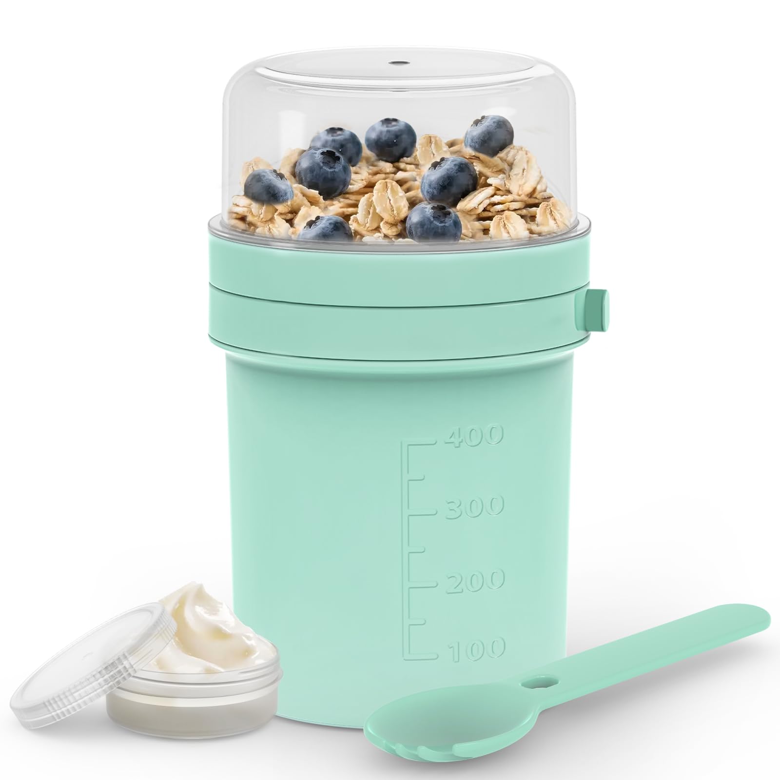 MRUN BONE Müslibecher To Go mit Gabel-Löffel, Auslaufsichere Joghurtbecher To Go, Müslibecher für Unterwegs, Arbeit, Schule, Picknick, 450ml+250ml, (Mint Blau)