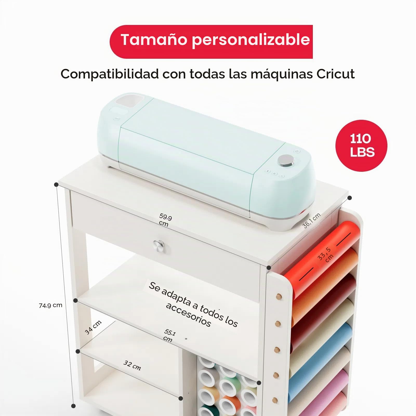 Carro de Organización y Almacenaje Crafit Compatible con Máquina Cricut, Organizador Rodante para Manualidades CRAFIT con Portarrollos de Vinilo, Mesa de Trabajo