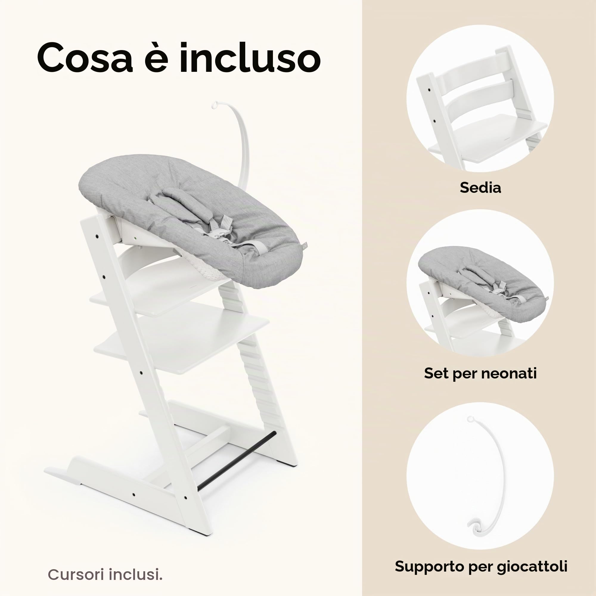 Stokke Tripp Trapp (bianco) con Newborn Set (grigio) - Per neonati fino a 9 chili - accogliente, sicuro e facile da usare