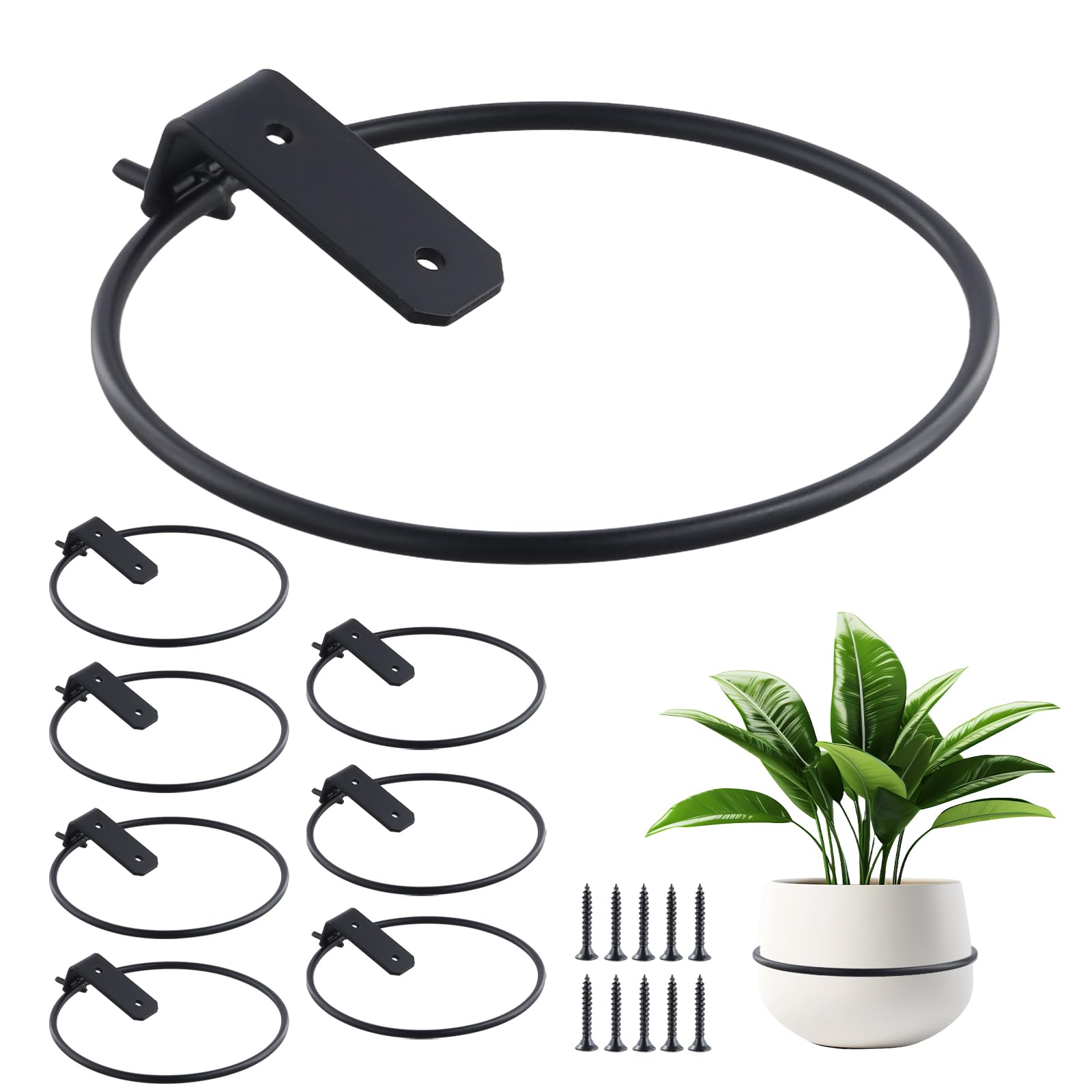 Lot de 8 Supports Muraux pour Pot de Fleurs, Pot de Fleur Anneau Titulaire Pliable, avec Vis, pour Jardins Intérieurs, Couloirs, Verdure Intérieure, 15 cm, Noir