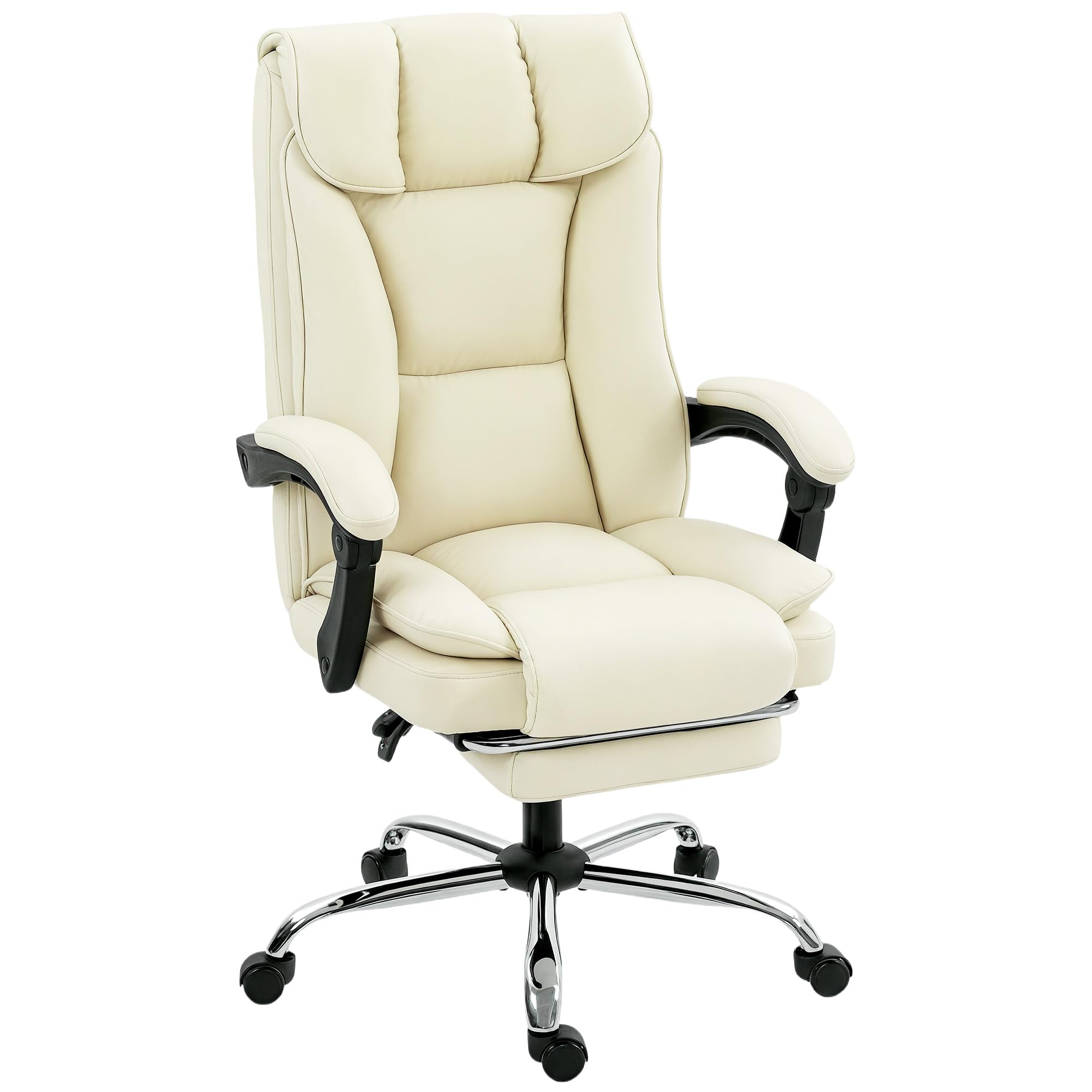 HOMCOM Bürostuhl Ergonomischer Schreibtischstuhl mit Fußstütze, Beige | Verstellbare Rückenlehne, Höhenverstellbarer Drehstuhl, Tierfreundlich Kunstleder, Doppel Gepolstert, Computerstuhl