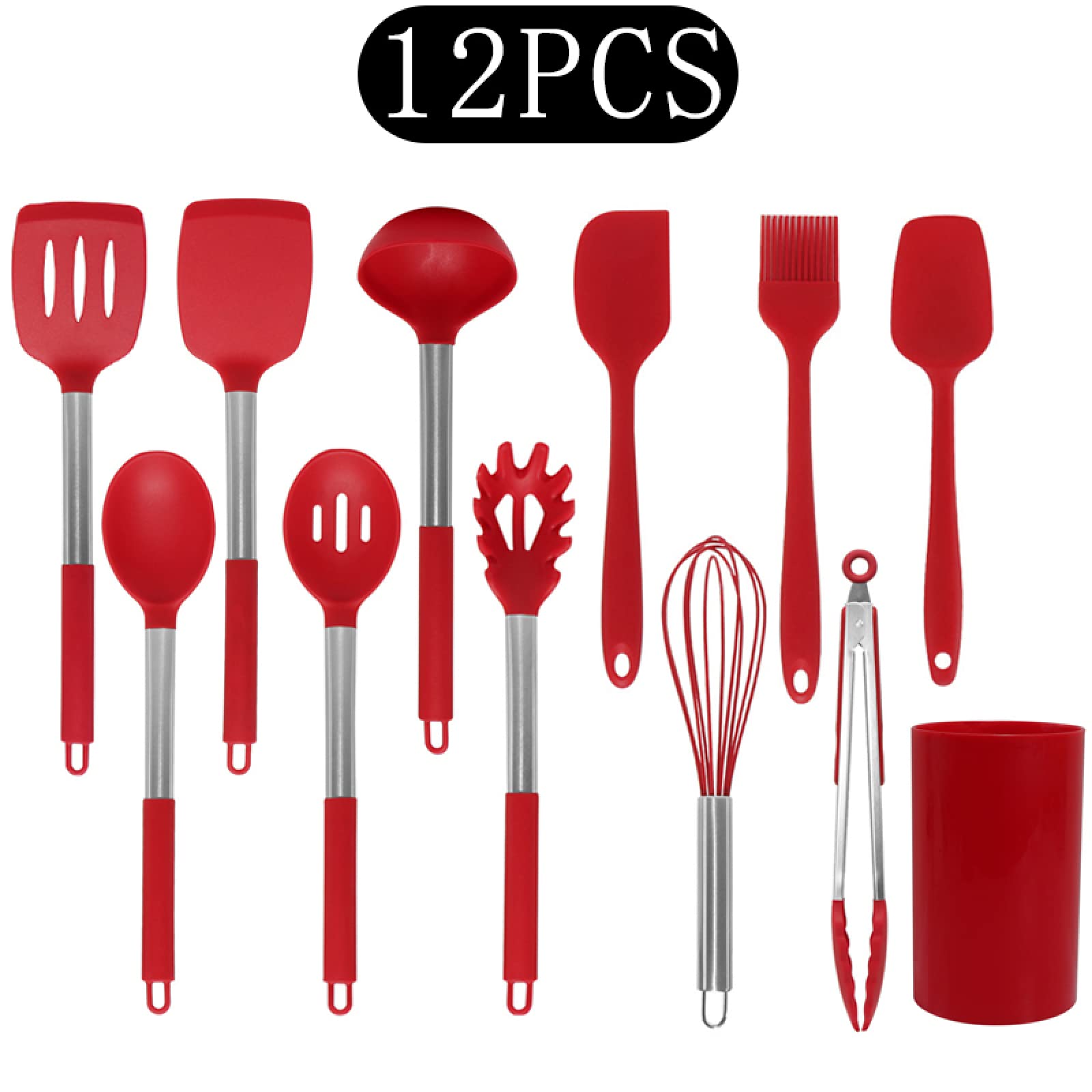 Kochutensilien-Set, schwarz, antihaftbeschichtet, Silikon, Küchenutensilien-Set, Edelstahlgriff, Küchenwerkzeug-Set, 12-teilig, rot
