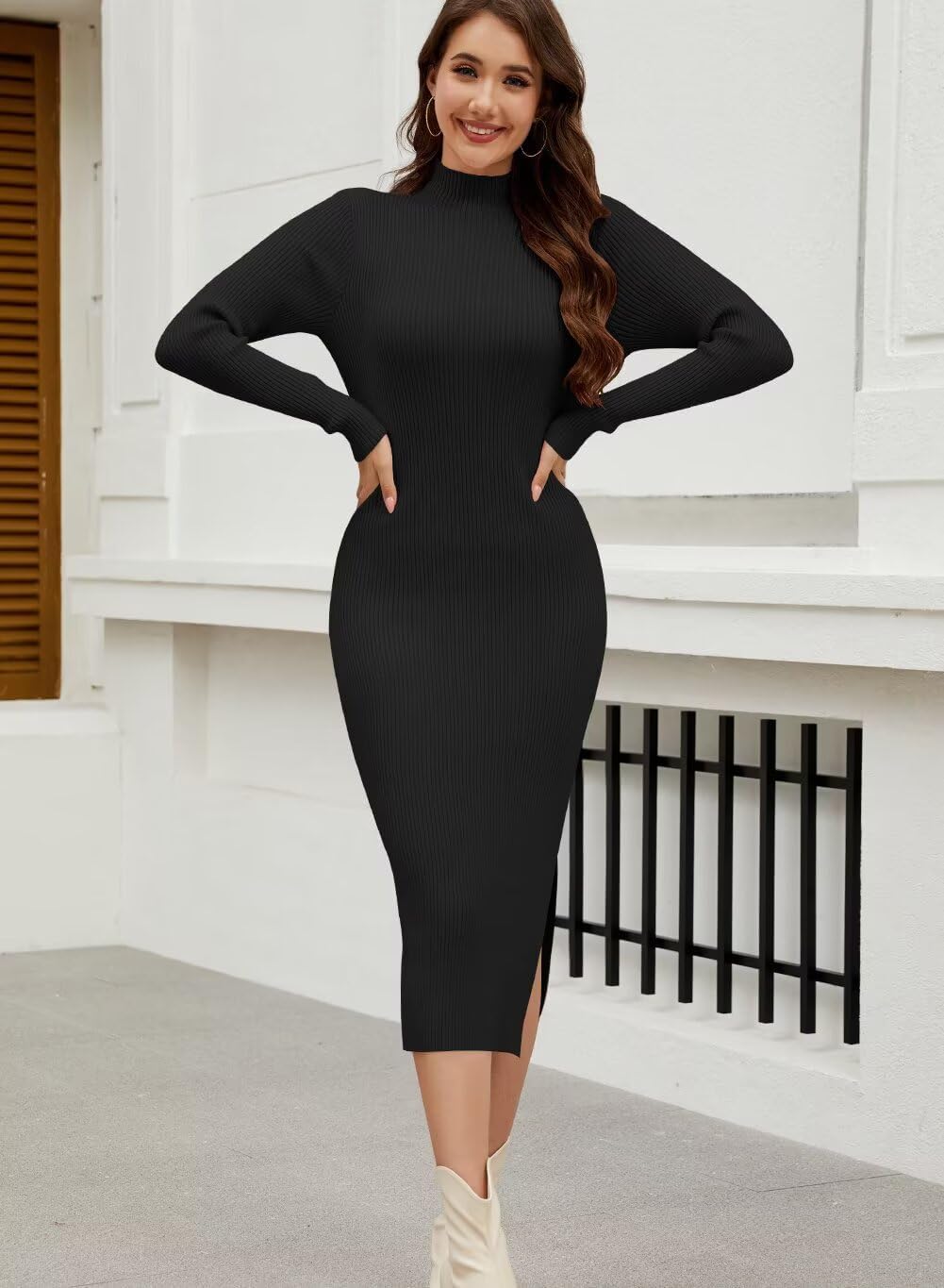 Wkior Women Long Sleeve Midi Dress Crewneck Bodycon Ribbed Knit Slim Sweater Dress 2025 Fall Trendy Outfits - Image 2