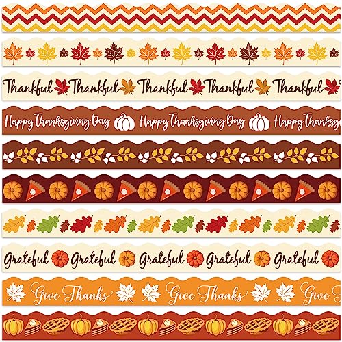 Whaline 69Ft Fall Bulletin Board Borders 10 Designs Happy Thanksgiving Fall Bulletin Board Stickers Pumpkin Maple Leaves Trim Border for Autumn Thanksgiving School Classroom Office Decor