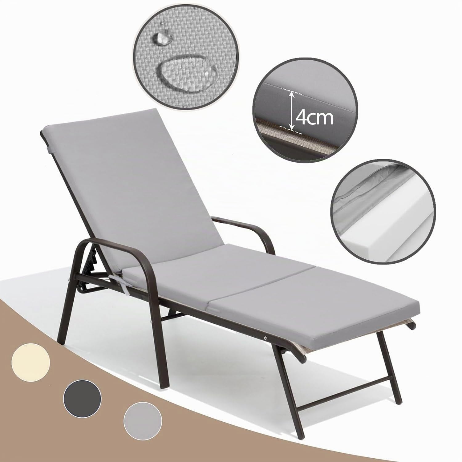 Ferocity Coussin pour Chaise Longue de Jardin 192x58x4 cm Pliable | Coussin pour Chaise Longue à roulettes résistant aux intempéries et Lavable avec Housse Amovible | Modèle Gris FONCÉ Graphite [145]
