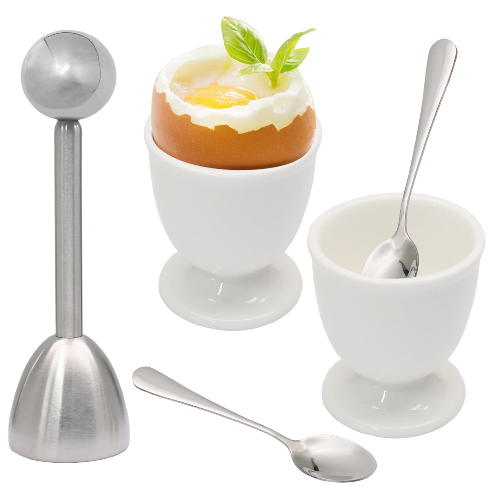 5 Pcs Ceramic Egg Cup &amp; Egg Topper Cutter Set for Soft Boiled Eggs