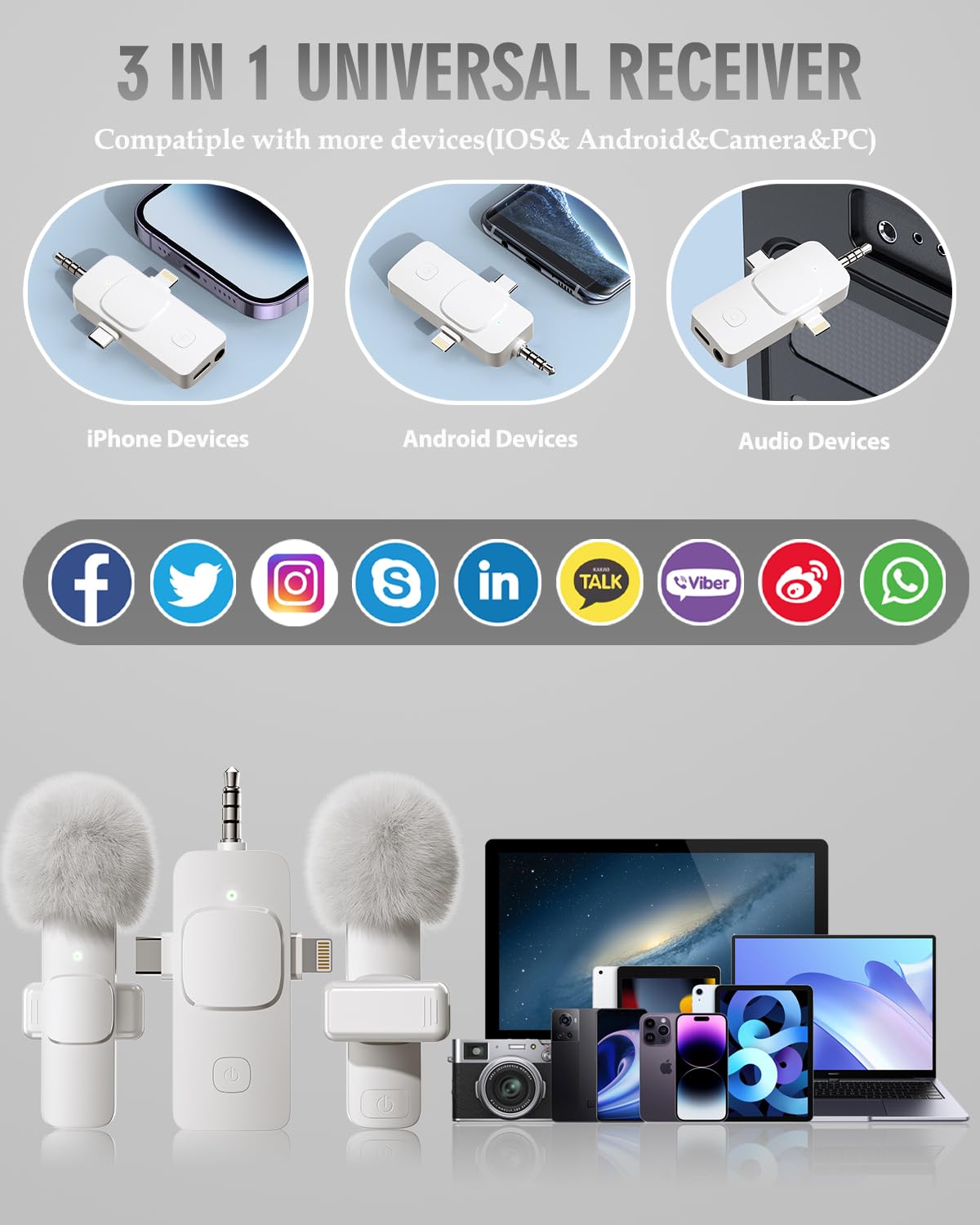 PQRQP 3 in 1 Wireless Lavalier Microphones for iPhone, iPad, Android, Camera, USB-C Microphone, 7-Hour Battery, Mini Microphone with Noise Reduction for Video Recording, Vlog, YouTube, TikTok: PQRQP 3 in 1 Wireless Lavalier Microphones for iPhone, iPad, Android, Camera, USB-C Microphone, 7-Hour Battery, Mini Microphone-Crystal Clear Sound Quality for Recording, YouTube, TikTok (White)